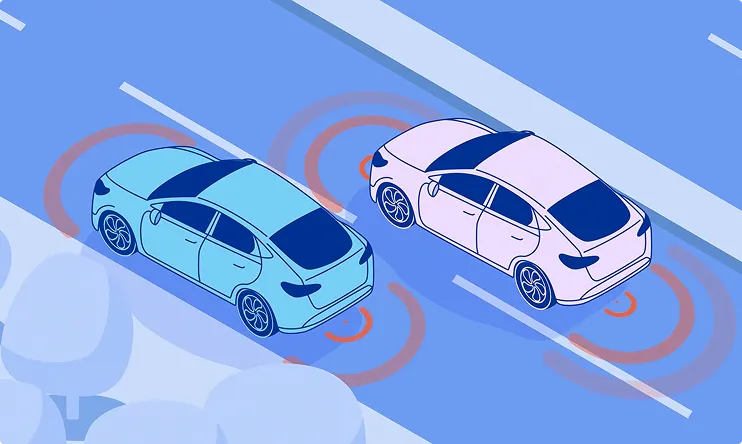 Illustration of 2 driving cars with sonar-like waves coming from the front and back of the cars